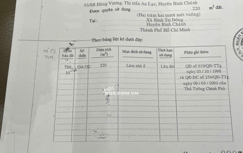 BÁN ĐẤT NỀN ĐẤT BIỆT THỰ PHƯỜNG BÌNH TRỊ ĐÔNG B, DT 220M2 SHR  25 TỶ. LH: A. SƠN -0901181789